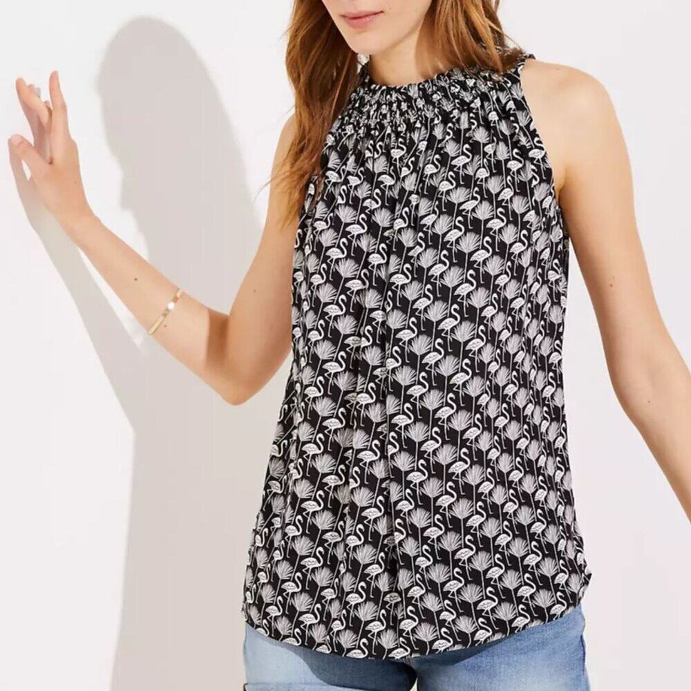Loft Flamingo Black and White Shell Tank Smocked Neck Blouse Medium